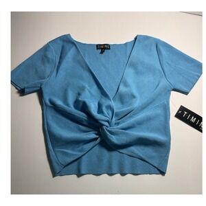 Timing Blue Ribbed Twist Front V-Neck Short Sleeve Crop Top Size M